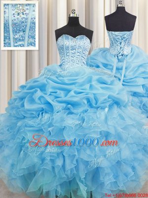 Edgy Pick Ups Visible Boning Floor Length Ball Gowns Sleeveless Baby Blue Quinceanera Dresses Lace Up