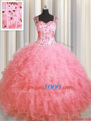 See Through Zipper Up Pink Organza Zipper Vestidos de Quinceanera Sleeveless Floor Length Beading and Ruffles