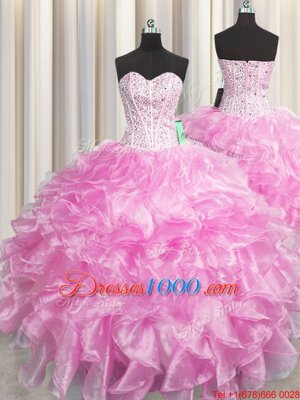 Admirable Visible Boning Zipper Up Rose Pink Sweetheart Neckline Beading and Ruffles Quince Ball Gowns Sleeveless Zipper