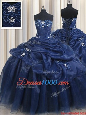 Pick Ups Navy Blue Sleeveless Organza Lace Up Ball Gown Prom Dress for Military Ball and Sweet 16 and Quinceanera