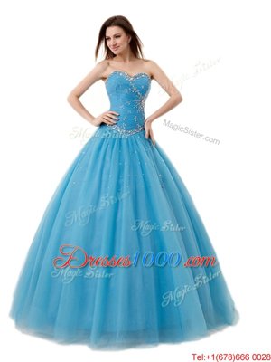 Attractive Baby Blue Lace Up Sweetheart Beading and Ruching Quince Ball Gowns Tulle Sleeveless