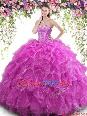 Luxurious Beading and Ruffles 15 Quinceanera Dress Fuchsia Lace Up Sleeveless Floor Length