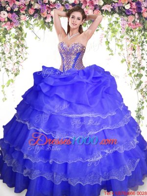 Classical Blue Organza Lace Up Sweetheart Sleeveless Floor Length 15th Birthday Dress Beading and Ruffled Layers and Pick Ups