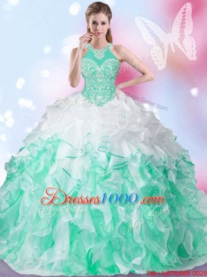 Beautiful Halter Top Sleeveless Organza Sweet 16 Quinceanera Dress Beading and Ruffles and Pick Ups Lace Up