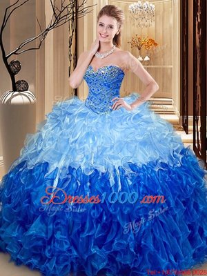 Sleeveless Floor Length Beading and Ruffles Lace Up Sweet 16 Dress with Multi-color