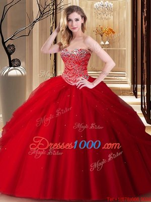 Red Lace Up Sweet 16 Quinceanera Dress Beading Sleeveless Floor Length