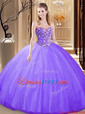 Luxurious Lavender Sleeveless Floor Length Embroidery Lace Up Sweet 16 Dress