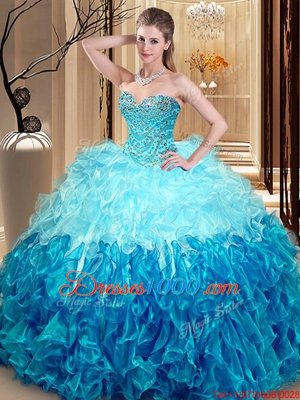 Organza Sweetheart Sleeveless Lace Up Beading and Ruffles Quince Ball Gowns in Multi-color