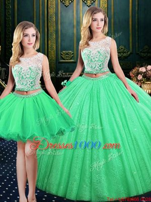 Three Piece Scoop Floor Length Quinceanera Dress Tulle and Sequined Sleeveless Lace and Sequins