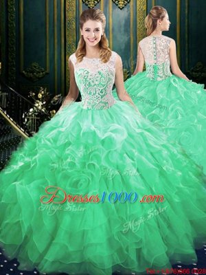 Discount Scoop Green Sweet 16 Dresses Organza and Tulle Brush Train Sleeveless Appliques and Ruffles