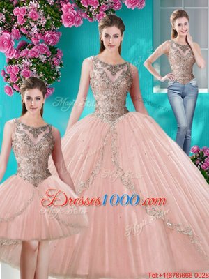 Modern Three Piece Scoop Floor Length Ball Gowns Sleeveless Peach Ball Gown Prom Dress Lace Up