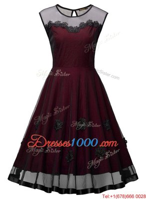 Scoop Sleeveless Ankle Length Embroidery Side Zipper Prom Party Dress with Burgundy