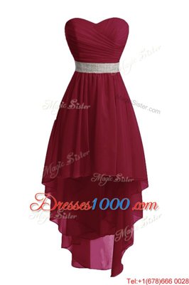 Low Price High Low Burgundy Prom Dress Organza Sleeveless Belt