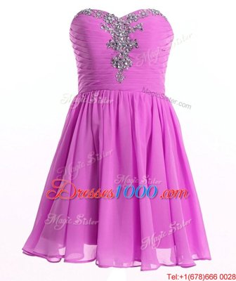 Modern Lilac A-line Sweetheart Sleeveless Organza Mini Length Lace Up Beading and Ruching Evening Dress