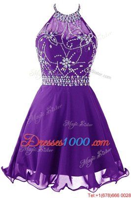 Halter Top Sleeveless Organza Mini Length Zipper Evening Dress in Purple for with Beading