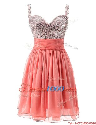 Superior Straps Sleeveless Prom Dress Knee Length Beading Watermelon Red Chiffon