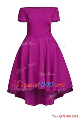 Custom Fit Fuchsia Short Sleeves Ruching Tea Length