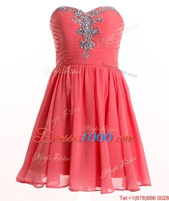 Simple Watermelon Red Empire Sweetheart Sleeveless Chiffon Mini Length Lace Up Beading Evening Dress