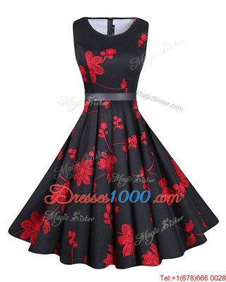 Custom Design Scoop Sleeveless Zipper Prom Gown Red And Black Chiffon