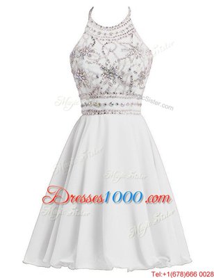 Chic White Zipper Halter Top Beading Evening Dress Chiffon Sleeveless