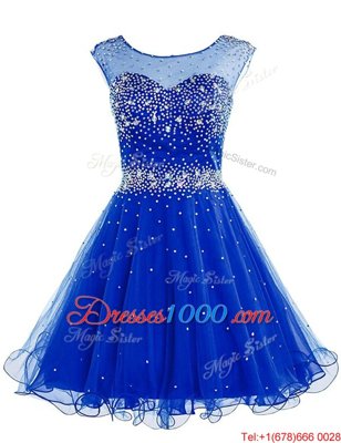 Elegant Bateau Sleeveless Prom Evening Gown Knee Length Beading Royal Blue Chiffon