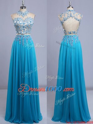 Backless Floor Length Baby Blue Prom Dresses Chiffon Cap Sleeves Beading and Lace