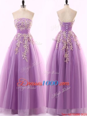 Clearance Lilac A-line Appliques Dress for Prom Zipper Tulle Sleeveless Floor Length