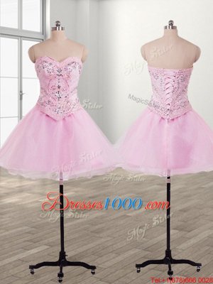 Baby Pink Organza Lace Up Sweetheart Sleeveless Mini Length Cocktail Dress Beading