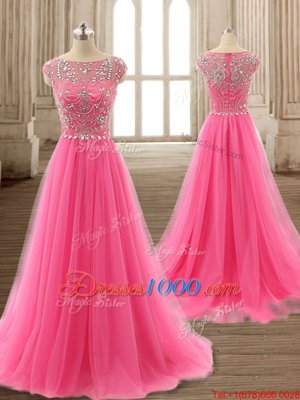 Scoop Cap Sleeves Brush Train Beading Zipper Prom Dresses