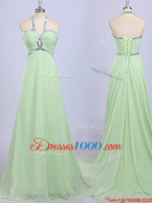 Halter Top Yellow Green Empire Beading Dress Like A Star Zipper Chiffon Sleeveless