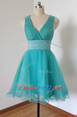 Aqua Blue A-line V-neck Sleeveless Tulle Knee Length Criss Cross Beading Prom Dresses