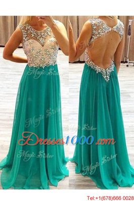 Flare Green Chiffon Backless Scoop Sleeveless Floor Length Homecoming Dress Beading