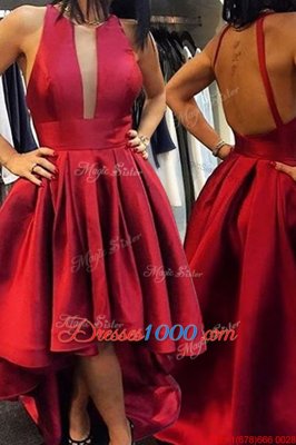 Nice Red Satin Zipper Scoop Sleeveless Asymmetrical Club Wear Pleated