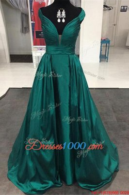 Off the Shoulder Teal Zipper Evening Dress Pleated Sleeveless Sweep Train