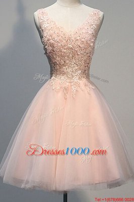 Fine Peach Sleeveless Appliques Knee Length Dress for Prom