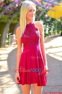 Halter Top Hot Pink A-line Appliques Prom Evening Gown Zipper Chiffon Sleeveless Knee Length