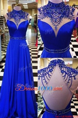 Sleeveless Beading Backless Homecoming Dress with Royal Blue Sweep Train