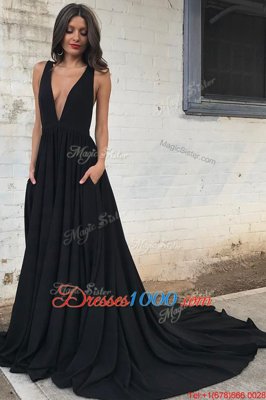 Sweet V-neck Sleeveless Homecoming Dress With Train Court Train Ruching Black Chiffon