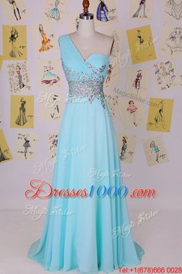 High End Aqua Blue One Shoulder Side Zipper Beading Prom Party Dress Brush Train Sleeveless