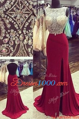 Custom Designed Burgundy Evening Dress Bateau Sleeveless Brush Train Backless