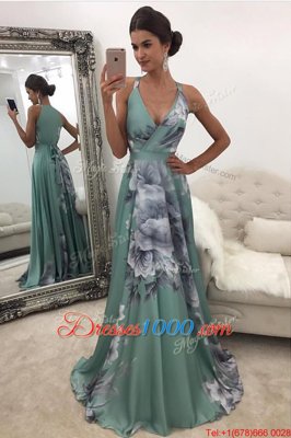 Printed With Train Empire Sleeveless Green Evening Dress Sweep Train Zipper