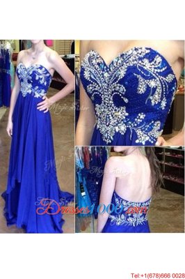 Lovely Chiffon Sweetheart Sleeveless Zipper Beading Prom Dresses in Royal Blue