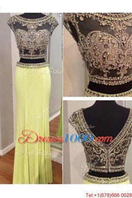 Glittering Scoop Sleeveless Floor Length Beading Zipper Prom Gown with Yellow Green