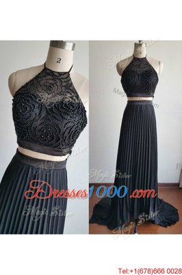 Black Halter Top Neckline Beading Prom Gown Sleeveless Zipper