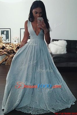 Adorable Floor Length Light Blue V-neck Sleeveless Zipper