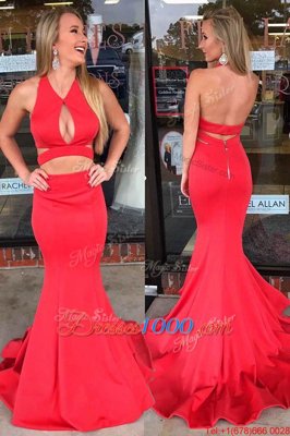 Mermaid Red Sleeveless Sweep Train Ruching Evening Dress