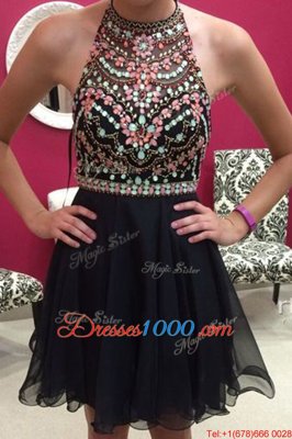 Halter Top Sleeveless Prom Dress Mini Length Beading Black Chiffon