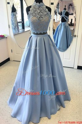 High-neck Sleeveless Criss Cross Prom Evening Gown Light Blue Satin