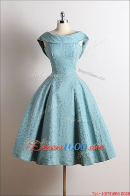 Blue Lace Zipper Scoop Sleeveless Knee Length Homecoming Dress Ruching