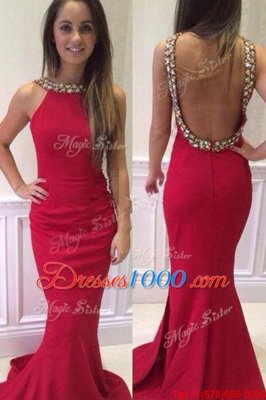 Mermaid Hot Pink Scoop Backless Beading Homecoming Dress Brush Train Sleeveless